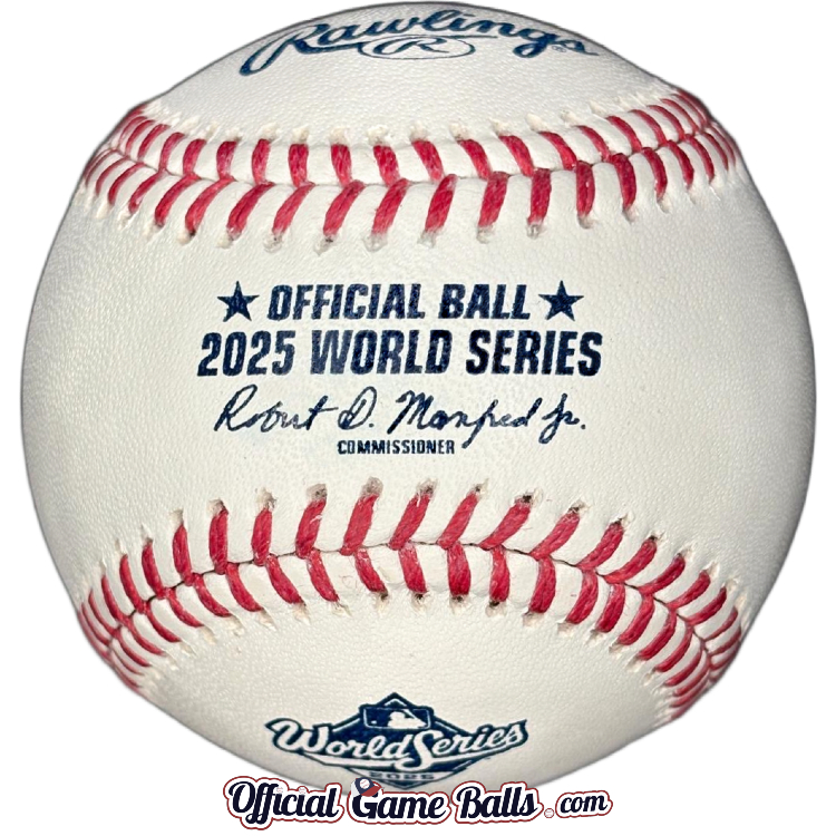Major League Baseball ROMLB-WS Baseballs 2025 Rawlings World Series Baseball Los Angeles Dodgers Toronto Blue Jays Fall Classic MLB Balls. ROMLB Official Game Ball OfficialGameBalls.com commemorative logo balls special event special stamped commemoratives logoballs. OGB Hall of Fame and Museum of Baseballs.