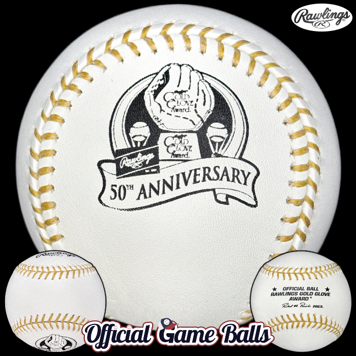 Rawlings Corporate Official Balls 2007 Rawlings Gold Glove Award Baseball 50th Anniversary Ball MLB GGA Exclusive. MLB Major League Baseball Baseballs Balls ROMLB Official Game Ball OfficialGameBalls.com commemorative logo balls special event baseballs logoballs. MLB Rawlings Spalding Reach Prototypes Misprints Errors Canceled Miscellaneous Test Print Balls Color Laces Stitches Ink Stamp Variation Logos Variant Version.