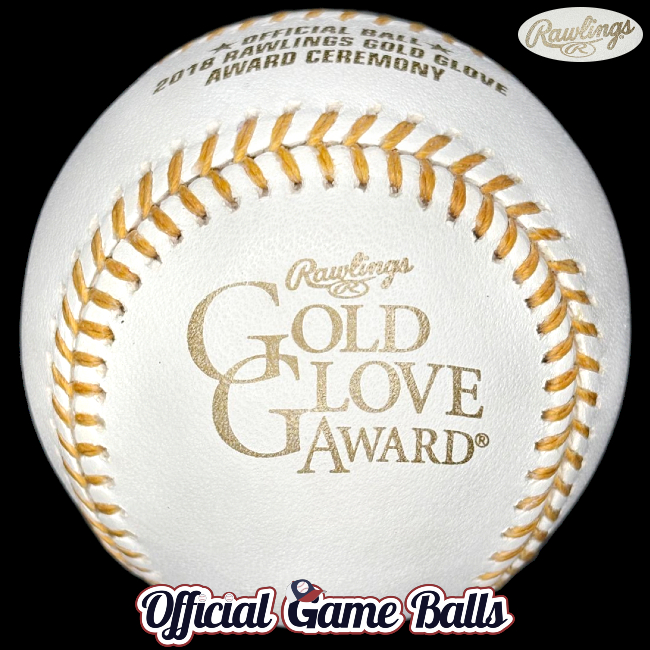 Rawlings Corporate Official Baseballs 2018 Rawlings Gold Glove Award Ceremony Baseball MLB GGA Ball. Rawlings Sporting Goods company promotional brand corporate leather baseball Major League ROMLB-grade Official Game Ball commemorative logo ball special event baseballs. Not vinyl Photoball logoballs/souvenirs.