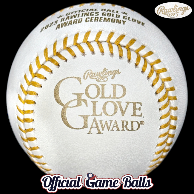 Rawlings Corporate Official Baseballs 2023 Rawlings Gold Glove Award Ceremony Baseball MLB GGA Ball. Rawlings Sporting Goods company promotional brand corporate leather baseball Major League ROMLB-grade Official Game Ball commemorative logo ball special event baseballs. Not vinyl Photoball logoballs/souvenirs.