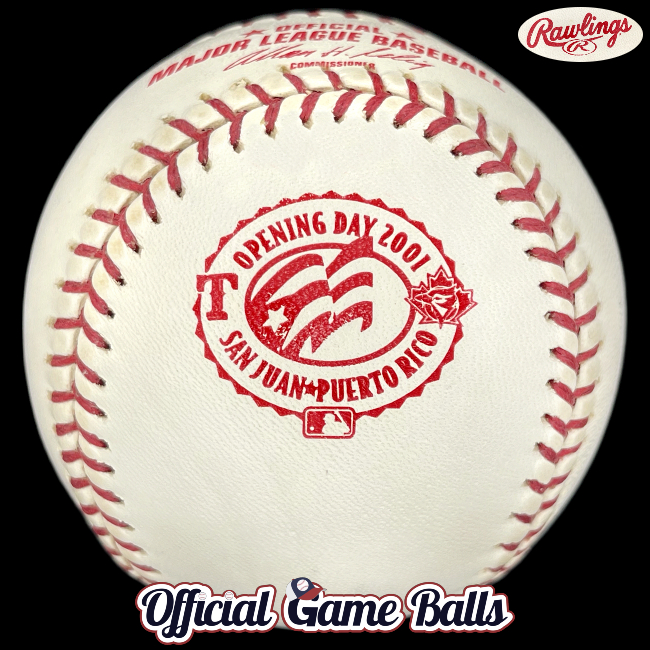 MLB Official Game Balls 2001 Rawlings MLB Opening Day Game Baseball San Juan Puerto Rico Ball. MLB Baseballs Major League Baseball Balls ROMLB Official Game Ball OfficialGameBalls commemorative special event logo.