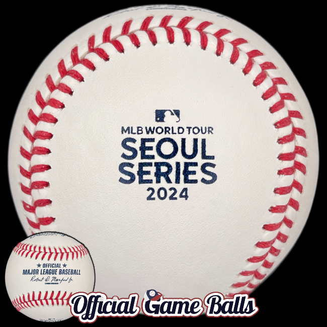 MLB Official Game Balls 2024 Rawlings MLB World Tour Baseball Seoul Series Ball Dodgers Padres Korea. March 20–21, 2024, at the Gocheok Sky Dome in Seoul, South Korea. First-ever Major League Baseball regular-season games played in Korea. MLB Baseballs Official Major League Baseball Balls ROMLB Official Game Ball OfficialGameBalls commemorative special event logo professional.