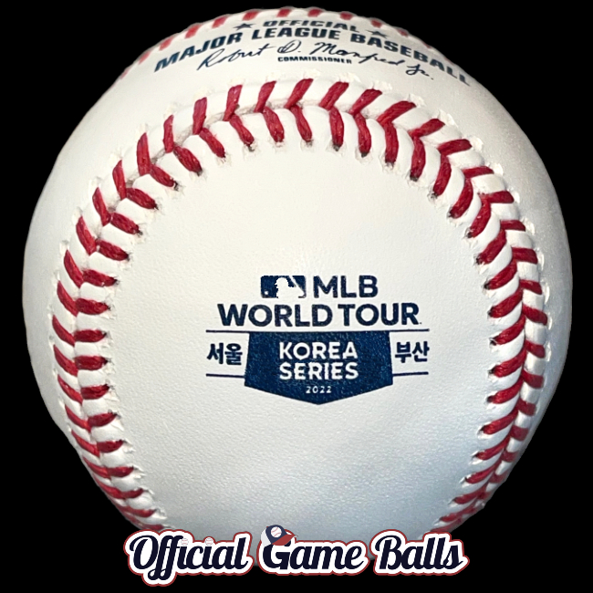 MLB Official Game Balls Baseballs 2022 Rawlings MLB World Tour Korea Series Baseball Major League vs KBO Ball CANCELED. MLB Baseballs Major League Baseball Balls ROMLB Official Game Ball OfficialGameBalls commemorative special event logo. Rawlings Prototypes Canceled Miscellaneous Test Print Balls Stamp Logo Variant or Unused Version.