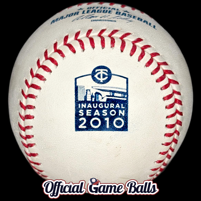 2010 Rawlings Minnesota Twins Target Field Inaugural Season baseball with a commemorative logo and commissioner Selig stamp in blue ink.