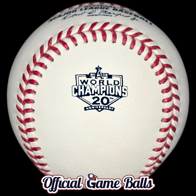 Official Rawlings 2022 LA Angels game baseball with 2002 World Series 20th anniversary commemorative logo and commissioner stamp.
