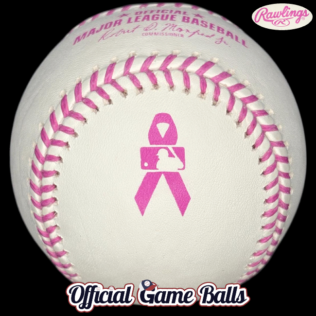 MLB Official Game Balls 2015–2017 Rawlings MLB Mother’s Day Baseball Commemorative Pink Ribbon Logo Manfred Game Ball. Breast Cancer Awareness. MLB Baseballs Official Major League Baseball Balls ROMLB Official Game Ball OfficialGameBalls commemorative special event logo professional.