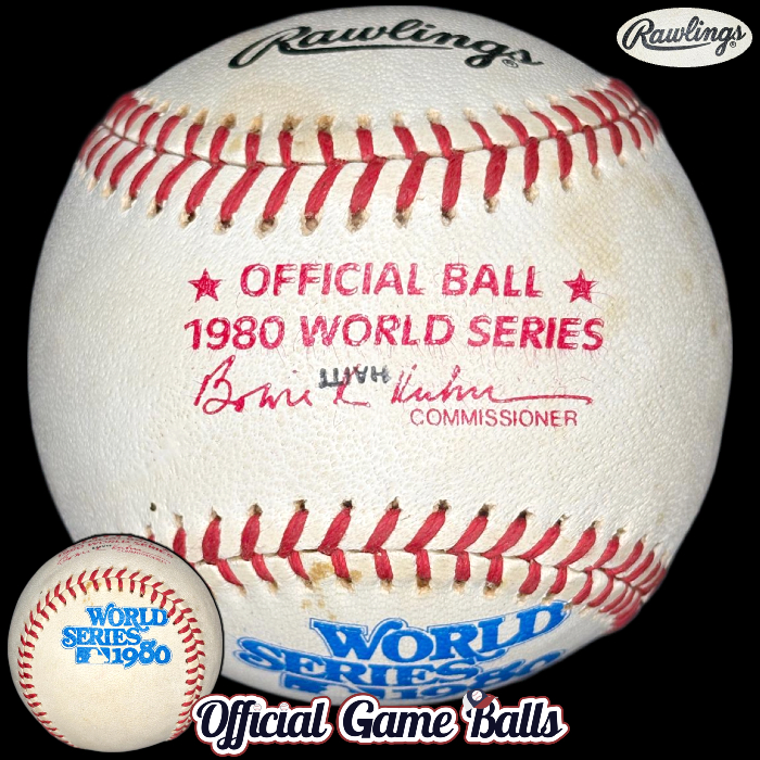 Rawlings sample print baseball 1980 Major League World Series with commemorative logo and red blue and black ink stamps.