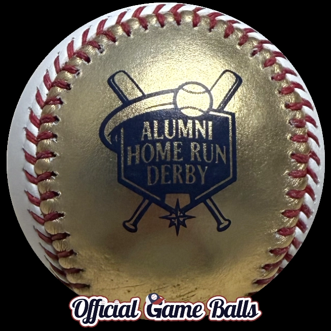 Close-up 2026 Seattle Mariners Alumni Home Run Derby Gold Jackpot bonus baseball with gold leather and commemorative logo.