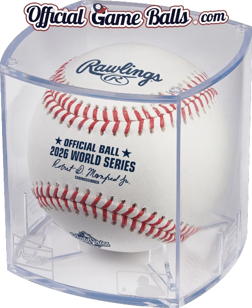 Cubed design of a 2026 Rawlings Major League Baseball World Series ball with commemorative logo and signature stamp.