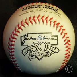 Rawlings National League Jackie Robinson Baseball – League-Wide Number Retirement Day A commemorative logo baseball for the 50th Anniversary of Jackie Robinson's 1947 Debut Game. Official NL stamped game ball.