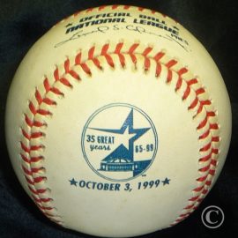 Rawlings National League Houston Astros 1999 Astrodome Final Game Baseball. NL President Coleman league stamping and a commemorative logo dated October 3rd 1999