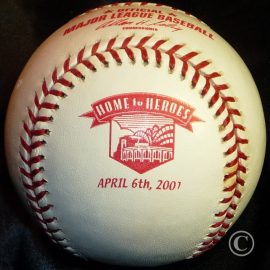 2001 Milwaukee Brewers Miller Park Inaugural Game Baseball feature a "Home to Heroes" commemorative logo stamp and the game date April 6th, 2001