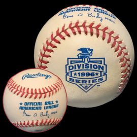 MLB Official Game Ball 1996 Rawlings MLB Baseball ALDS American League Division Series Ball Version 1. Major League Baseball Rawlings ROMLB Official Game Balls OfficialGameBalls.com MLB All-Star Game World Series commemorative logo ball special event baseballs logoballs on-field logo Rawlings Inaugural Final Anniversary Game National American League NL AL RO-N RO-A ONL OAL BigLeagueBaseballs.com Big League Baseballs. NLDS ALDS NLCS ALCS Wildcard Division Championship Series Playoff Games OMLB.