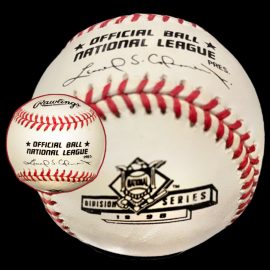 MLB Official Game Ball 1998 Rawlings NLDS National League Division Series Baseball. Major League Baseball Rawlings ROMLB Official Game Balls OfficialGameBalls.com MLB All-Star Game World Series commemorative logo ball special event baseballs logoballs on-field logo balls Rawlings Inaugural Final Anniversary Game National American League NL AL RO-N RO-A ONL OAL baseball BigLeagueBaseballs.com Big League Baseballs. NLDS ALDS NLCS ALCS Wildcard Division Championship Series Playoff Games OMLB Baseballs.