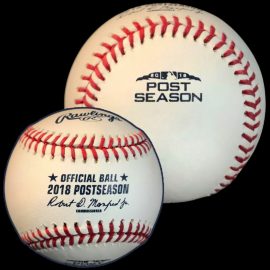 MLB Official Game Ball 2018 Rawlings MLB Postseason Ball Major League Baseball Playoff Series Games. Official Game Balls OfficialGameBalls.com Major League Baseball ROMLB commemorative special event on-field baseballs logoballs logo ball Rawlings National American League NL AL RO-N RO-A baseball BigLeagueBaseballs.com Big League Baseballs. NLDS ALDS NLCS ALCS Wildcard Division Championship Series Playoff Games.