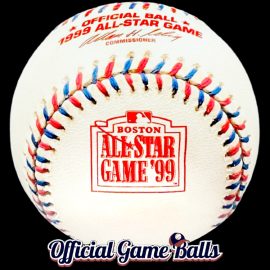 1999 Rawlings MLB All-Star Game Baseball Boston Red Sox Ball 1999 Rawlings MLB All-Star Game Baseball. Red and blue laces and commemorative logo matching Boston Red Sox colors and Fenway Park signage.