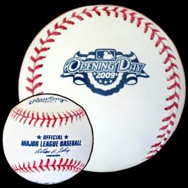 2009 Rawlings MLB Opening Day MLB Official Game Ball 2009 Rawlings Baseball MLB Opening Day Game Ball. Major League Baseball Rawlings ROMLB Official Game Balls OfficialGameBalls.com MLB All-Star Game World Series commemorative logo ball special event baseballs logoballs on-field Rawlings Inaugural Final Anniversary Game National American League NL AL RO-N RO-A ONL OAL BigLeagueBaseballs.com Big League Baseballs. NLDS ALDS NLCS ALCS Wildcard Division Championship Series Playoff Games OMLB.