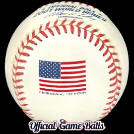 Ceremonial First Pitch American Flag Logo 2001 Rawlings MLB World Series Ball. 2001 Rawlings World Series special ceremonial first pitch edition baseball with unique American Flag logo.
