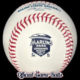 The 2012 Rawlings Miami Marlins Park Inaugural Game Baseball. Made for game use, but used for Ceremonial First Pitch. Featuring the Opening Night vs. St. Louis Cardinals version of the commemorative logo and dated: April 4th.