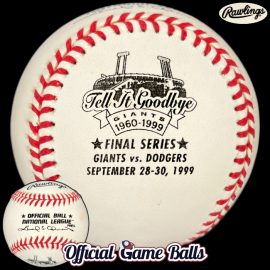 MLB Official Game Balls 1999 Rawlings National League San Francisco Giants Baseball Candlestick Park Final Series NL Ball Trademark Variant. Tell It Goodbye 1960–1999. GIANTS vs. DODGERS SEPTEMBER 28-30.