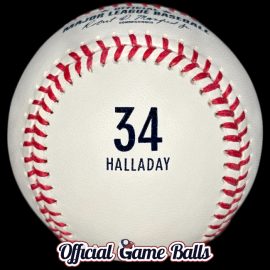 2021 Philadelphia Phillies Roy Halladay Memorial & #34 Retirement Game 2021 Rawlings MLB Official Game Ball featuring a simple Philadelphia Phillies Roy Halladay name and number 34 logo.