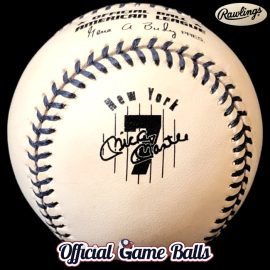 1996 Rawlings New York Yankees Mickey Mantle Day #7 AL Baseball 1996 Rawlings Mickey Mantle Day baseball used at Yankee Stadium with custom navy blue stitching and a No. 7 logo stamp.