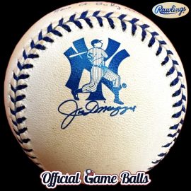 1998 Rawlings New York Yankees Joe DiMaggio Day AL Baseball 1998 Rawlings Joe DiMaggio Day baseball used at Yankee Stadium with custom navy blue stitching and stamped signature logo.