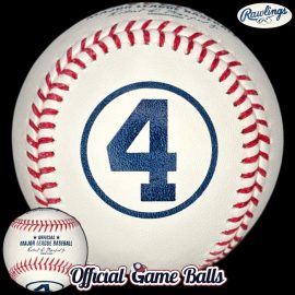 2024 Rawlings Lou Gehrig Day MLB baseball featuring commemorative number 4 logo stamp and Manfred signature.