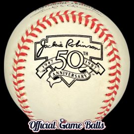 1997 Rawlings Jackie Robinson #42 NL Retirement Game Ball – 50th Anniversary 1947 Debut 1997 Rawlings National League Jackie Robinson Day baseball, featuring the 50th anniversary commemorative logo stamp.