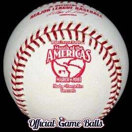 Rawlings 2001 MLB Month of the Americas Baseball. Rare red ink stamped commemorative logo leather official game ball.