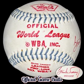 Close-up of a 1970s Worth World Baseball Association blue-stitched prototype ball with red ink league and president stamp.