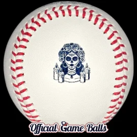 Official 2026 Rawlings San Diego Padres City Connect baseball featuring the stamped Día de los Muertos La Catrina logo.