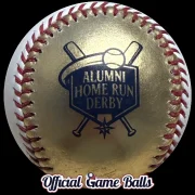 Close-up 2026 Seattle Mariners Alumni Home Run Derby Gold Jackpot bonus baseball with gold leather and commemorative logo.
